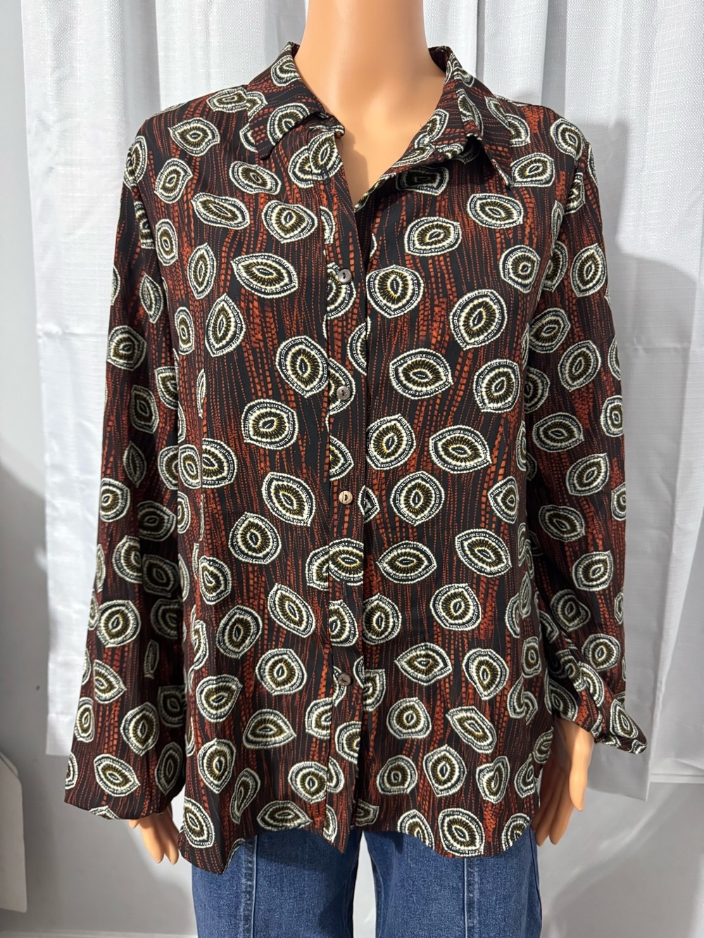 Pretty Bucket List size L black brown print long sleeve button up shirt new